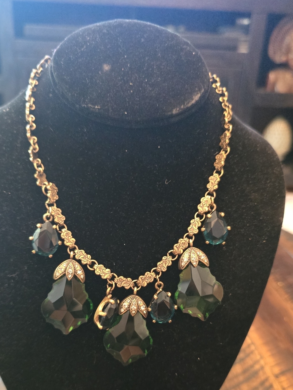Sweet Romance Gold-Tone Necklace with Emerald Green Drops